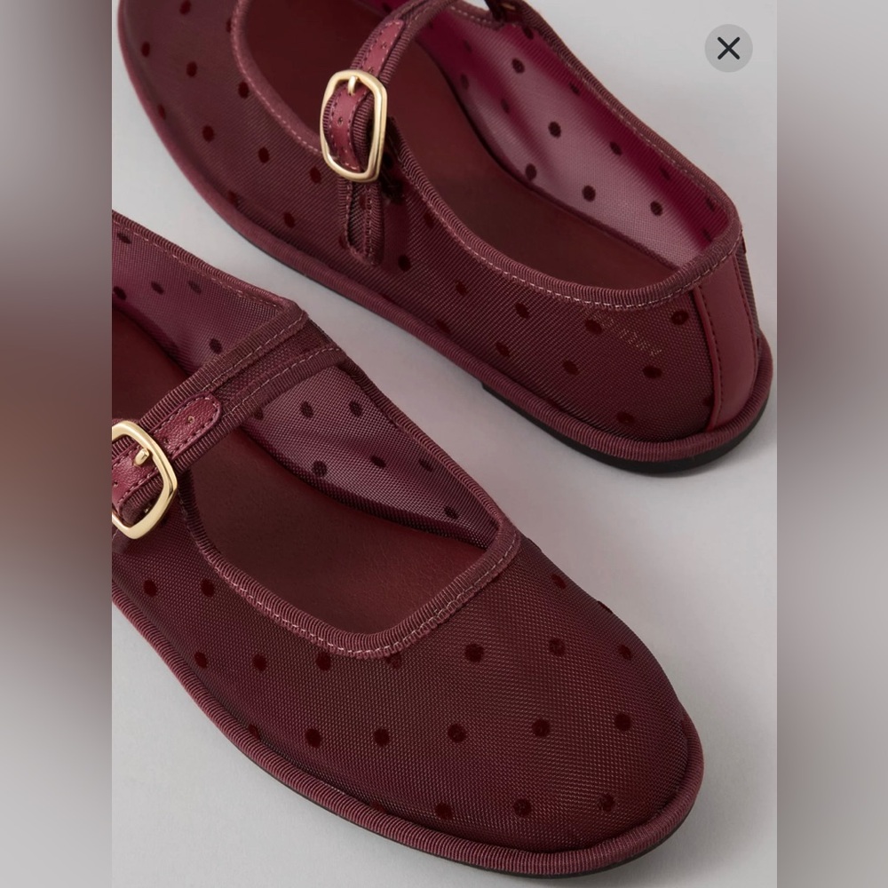 American Eagle Outfitters Burgundy Polka Dot Mary Jane Flats with Gold Buckle